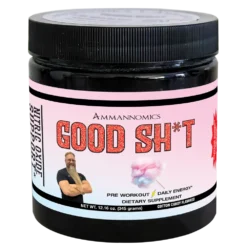 A bottle of GOOD SHT Cotton Candy flavored Pre Workout Powder