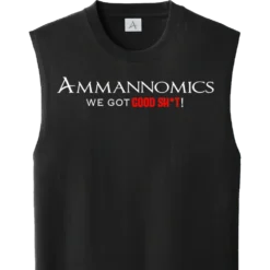 Black sleeveless GOOD SHT t shirt with Ammanomics logo a core cotton tank top perfect for gym workouts