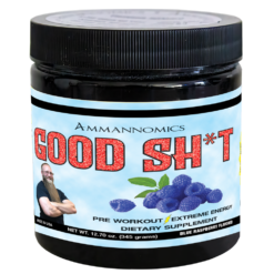 Ammannomics Good Sht pre workout supplement in blue raspberry flavor 127 oz container
