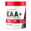 Ammannomics EAA+ Essential Amino Acids supplement container with red, black, and white label highlighting 12g EAAs, 2g glutamine, and 31 servings.
