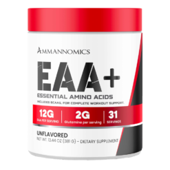 Ammannomics EAA+ Essential Amino Acids supplement container with red black and white label highlighting 12g EAAs 2g glutamine and 31 servings