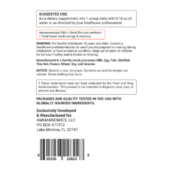 Suggested use label for Ammannomics EAA+ Essential Amino Acids showing dosage instructions warnings and manufacturing details