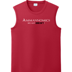 Red sleeveless performance tee with bold white and black Ammannomics  We Got Good Sht slogan on the chest
